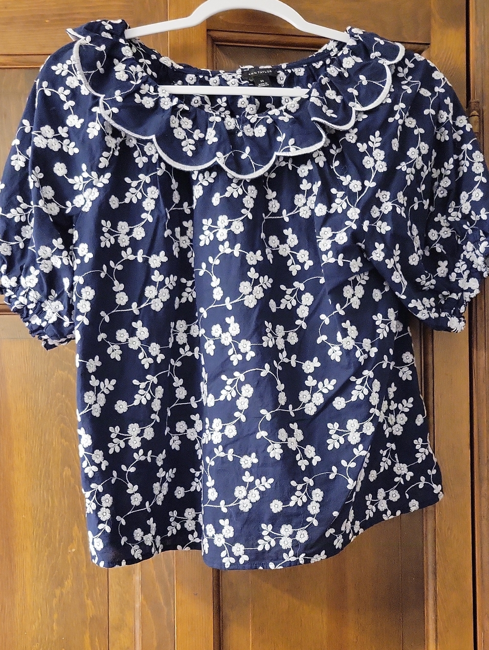 Ann Taylor Navy and White Floral Ruffle Neck Blouse